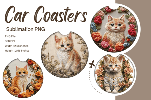 Cat Embroidery Car Coaster Sublimation Graphics