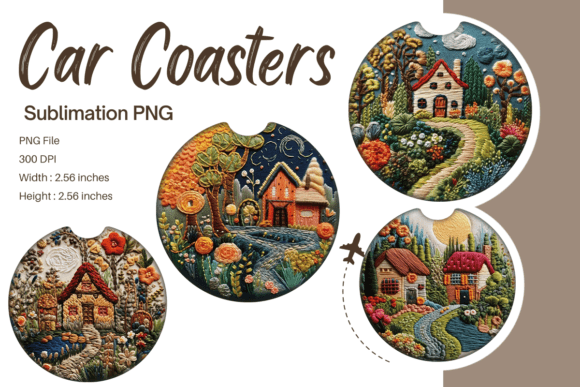 House Flower Embroidery Car Coaster PNG Graphics Print Templates