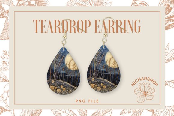 Moon Night Embroidery Teardrop Earring Graphics & Print Templates