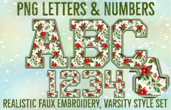 Poinsettia Mistletoe Faux Embroidery Graphics for Crafts