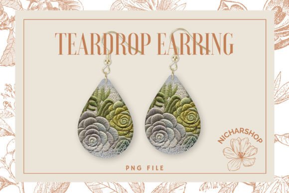 Succulent Embroidery Teardrop Earring Graphics for Print Templates